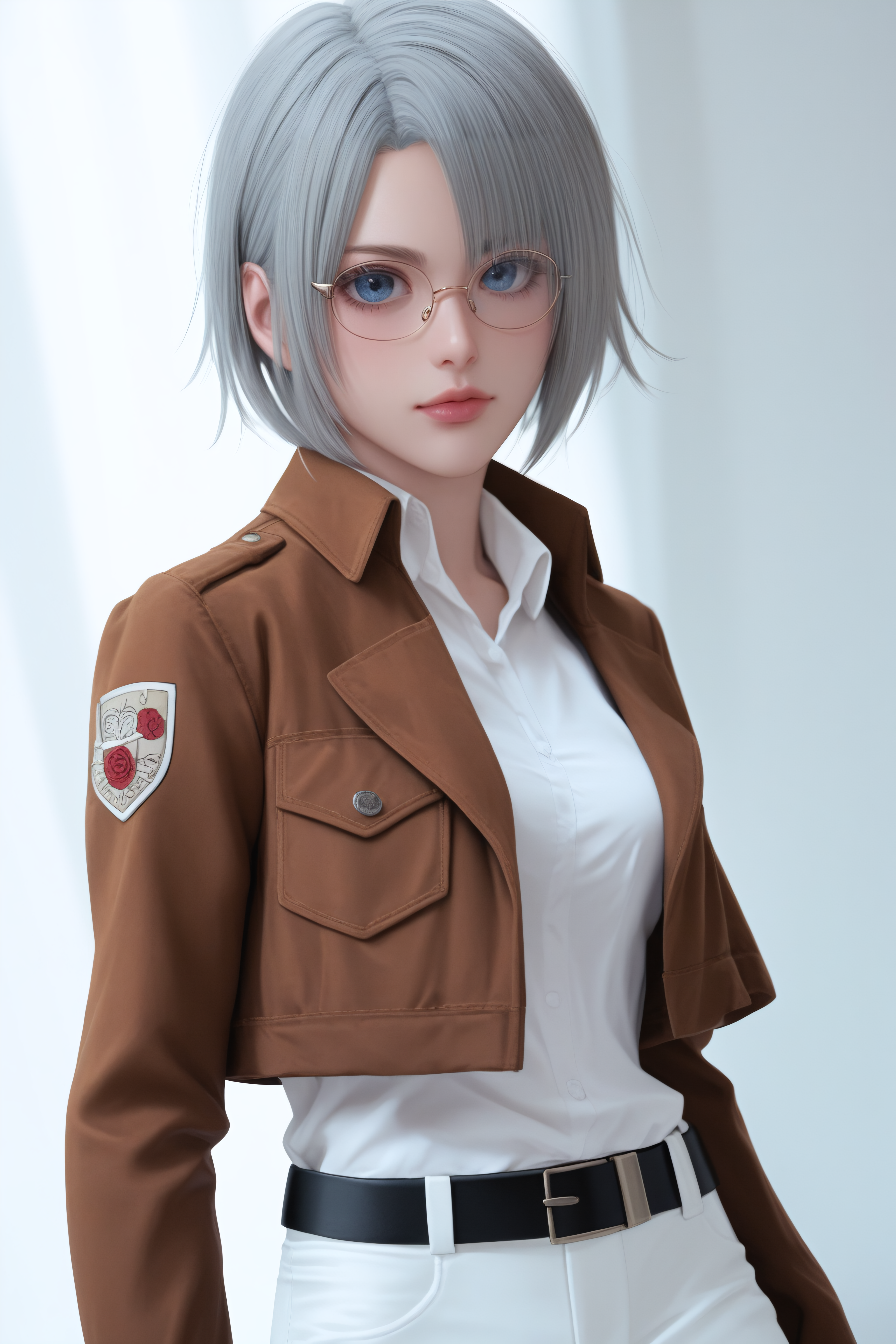 score_9, score_8_up, score_7_up, BREAK source_anime, <lora:Rico Brzenska-PonyXL-lora-Faxtron:1> rico brzenska, blue eyes, grey hair, short hair, medium breasts, glasses, white shirt, open cropped brown jacket, long sleeves, white pants, emblem, belt, standing,
