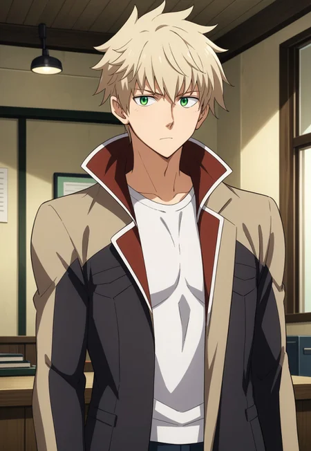 score_9, score_8_up, score_7_up, source_anime, cowboy shot, BREAK, ( green eyes, light blond hair, best eyes, male, anime, uniform, collar up, looking at viewer, curious expression, leaning to the side, mouth slightly open, framed certificates in background, ) 1boy, male focus, solo, BREAK, office,