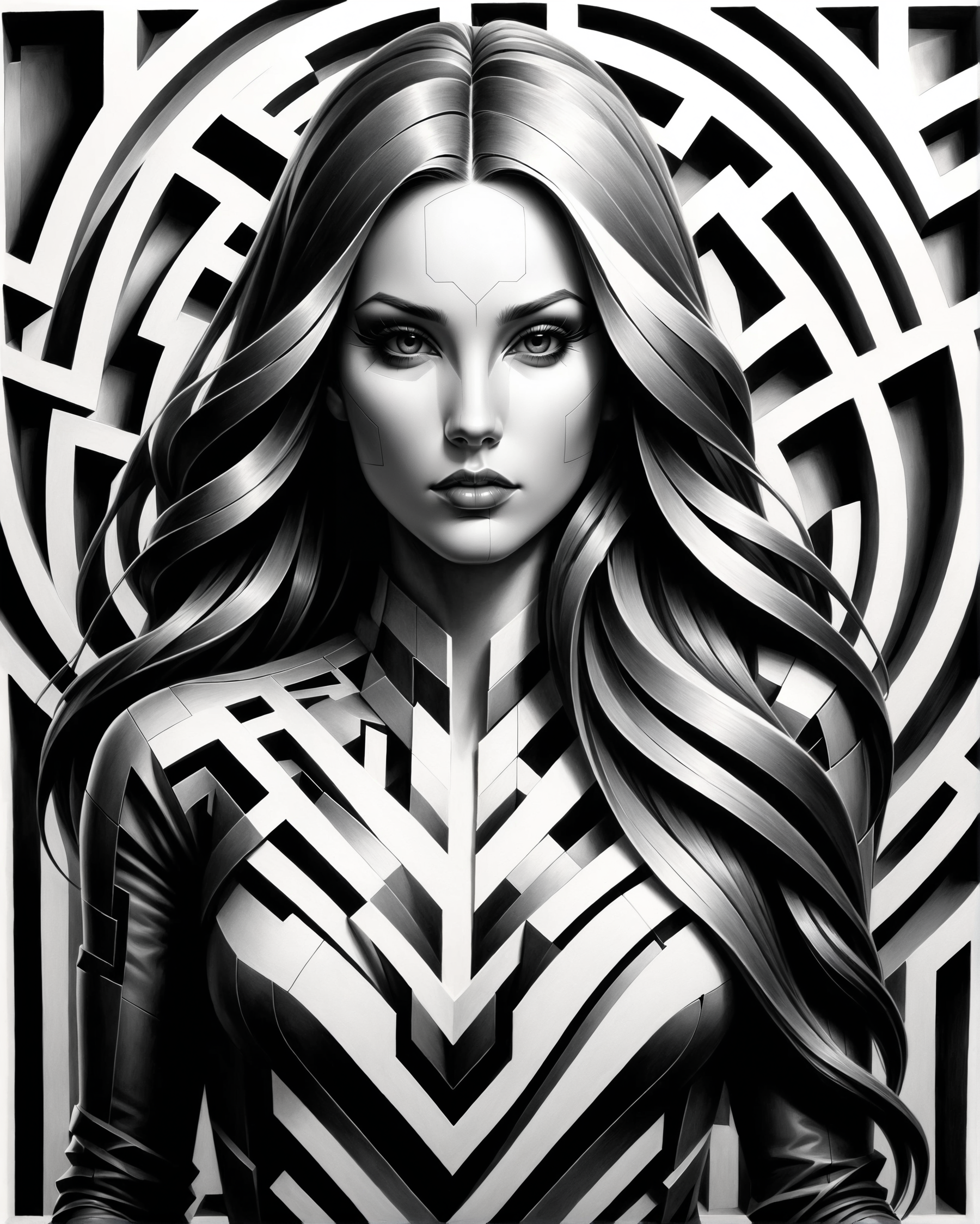 pencil drawing, b&w portrait of a woman with long hair, stylized as a maze, high contrast, charcoal influences
<lora:dvr-shrp:0.8> dvr-shrp