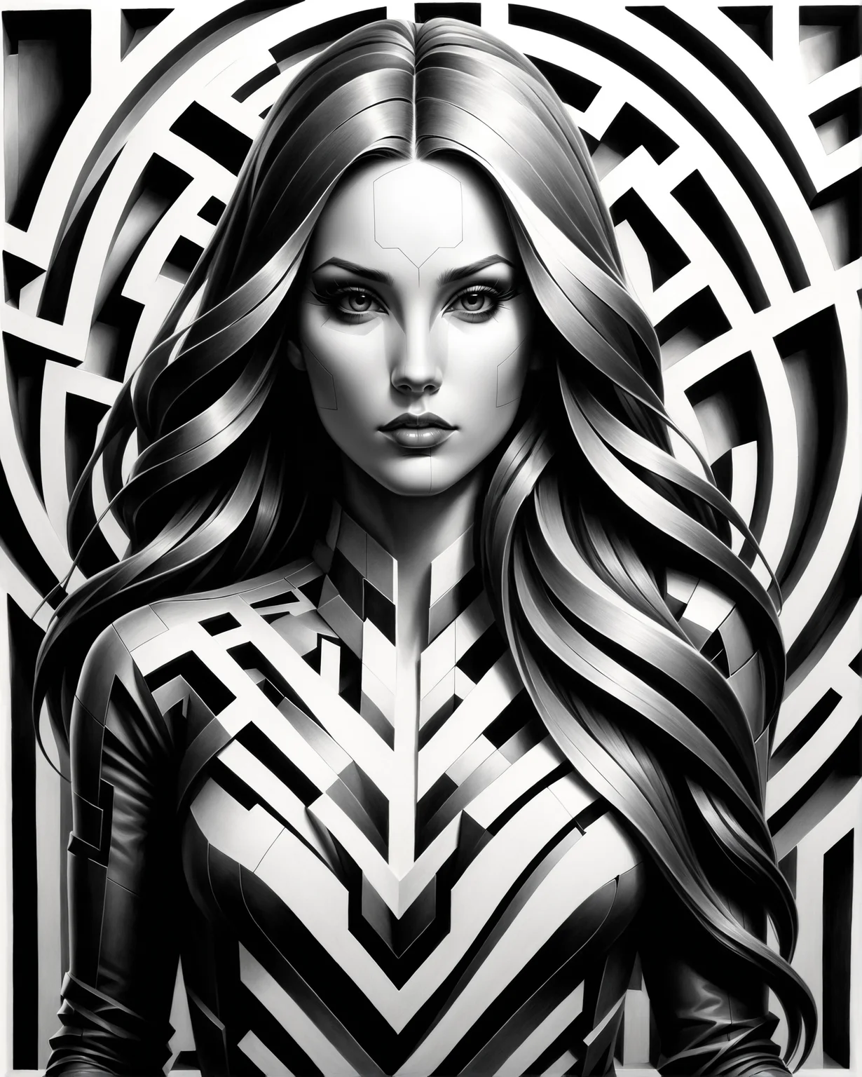 pencil drawing, b&w portrait of a woman with long hair, stylized as a maze, high contrast, charcoal influences
<lora:dvr-shrp:0.8> dvr-shrp