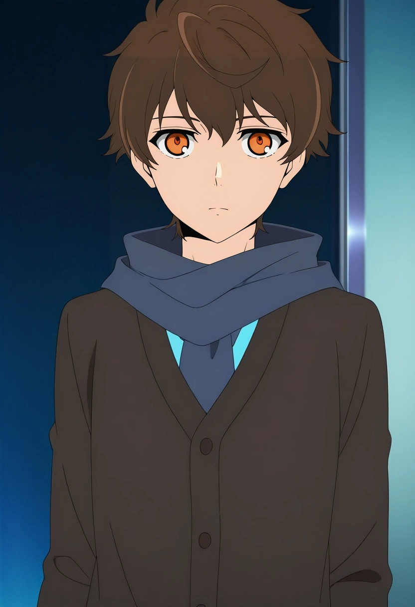 masterpiece, best quality, intricate details, anime screencap, , official style, looking at viewer, 1boy, solo, male focus, <lora:twenty-fifth_bam_ilxl:0.96>, twenty-fifth_bam, brown hair, orange eyes, short hair, , scarf, ,