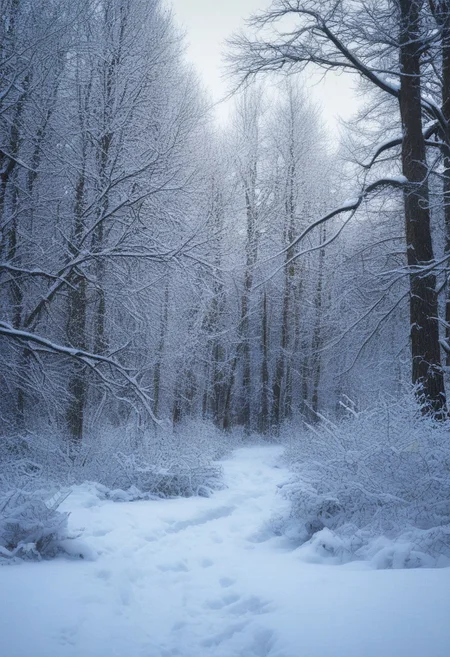 Landscape, very realistic photography, winter forest background with snow on the branches