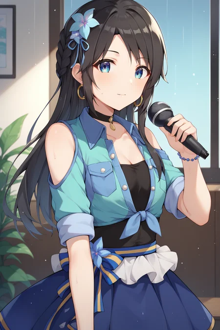 score_9, score_8_up, score_7_up, source_anime, <lora:mitsumine_yuika_XL:0.9>, yuikamitsumine, 1girl, solo, black hair, long hair, braid, hair ribbon, blue ribbon, hair flower, blue flower, blue eyes, small breasts, cleavage, blue jacket, aqua jacket, two-tone jacket, cropped jacket, tied jacket, sleeve rolled up, shoulder cutout, clothing cutout, black shirt, strapless shirt, frills, blue bow, yellow bow, two-tone bow, waist bow, blue skirt, hoop skirt, neck flower, black choker, pearl, pearl earrings, microphone, holding microphone, looking at viewer, indoors, rain, window, cowboy shot