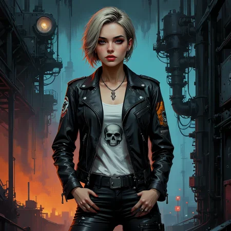 An atmospheric painting. Industrial chic.
A cyberpunk woman wearing a leather jacket with a skull patch on the shoulder.
<lora:PopArt01a_CE_XL_300-OT:0.6> popartCE_style