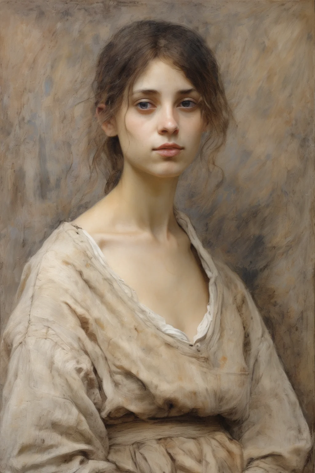 Jules Bastien-Lepage Style - Evoke a sense of nostalgia with a weathered 15th century painting of a french woman, bathed in pale earthy color palette and worn beige. Embrace a romantic style, employing techniques such as scumbling and sfumato to create soft transitions and atmospheric effects. Paint on a linen canvas with a visible weave, adding a tactile element to the artwork. Seek inspiration from the works of J.M.W. Turner and Caspar David Friedrich, incorporating their mastery of light, mood, and the sublime.