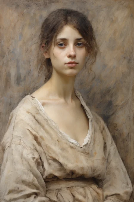 Jules Bastien-Lepage Style - Evoke a sense of nostalgia with a weathered 15th century painting of a french woman, bathed in pale earthy color palette and worn beige. Embrace a romantic style, employing techniques such as scumbling and sfumato to create soft transitions and atmospheric effects. Paint on a linen canvas with a visible weave, adding a tactile element to the artwork. Seek inspiration from the works of J.M.W. Turner and Caspar David Friedrich, incorporating their mastery of light, mood, and the sublime.