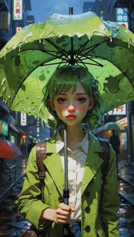 (epic:1.2), trending on artstation, (high quality:1.2), (masterpiece:1.2), high details, incredibly absurdres, colorful), (Contemporary Art:1.29), (Fauvism:1.24), (Surrealism:1.33), (Outsider Art:1.33), (Jim Lee Art:1.27), (Humor:1.29), (Horror Anime:1.24), (upper_3/4:1.21) ,,  (Mushroom:  Tan Diminutive Umbrella Pimpled mushroom, Rough, Scaly, Underground Exchange, Urban, Terrestrial,   Partial Annulus, Indigo Tapering and Cordate Base,  ), (mood: (Sleepy:1.22), Drooping eyelids, half-closed eyes, slightly dazed expression), (color scheme:(green theme:1.29))