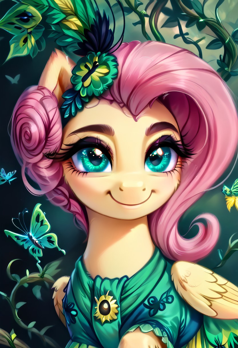 masterpiece, score_9, score_8_up, score_7_up, score_6_up, (best quality:1.1), ultra-detailed, high resolution, (solo), (1WOMAN), (FERAL PONY), (PEGASUS PONY), (FLUTTERSHY) ((light pink hair:1.4)), (highly detailed hair:1.4), (green feather hair accessory:1.4), (highly detailed pony face:1.5), (beautiful detailed turquoise eyes:1.5), (soft smile:1.5), (wide cute innocent eyes:1.5), (long lashes eyelashes:1.5), (detailed pony nuzzle:1.5), (detailed pony ears:1.5), (light yellow shiny skin:1.5),(green peacock feather dress:1.5), (detailed hooves:1.5), (green feather peacock background:1.5), (green butterflies background:1.5), (green vine leafs framing the image:1.5), (green feathers all around:1.4), (dynamic pose:1.5), (green lighting:1.5), high quality, sharp, the quality of ai art is frightening, highly detailed, Highly Visible, sharp focus, high detail, detailed background
