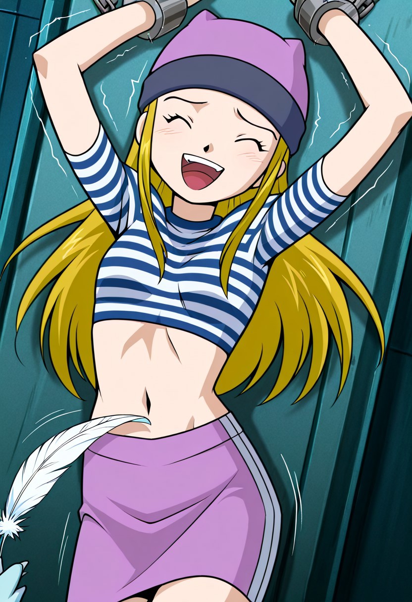 zPDXLx, mur4k4mi-ip,anime screencap, anime art style, digimon frontier, izumi orimoto, zoe orimoto, 1girl, blonde hair, midriff, tickling, closed eyes, striped shirt, long hair, navel, striped, hat, solo, open mouth, smile, feathers, crop top, Navel tickling, torture