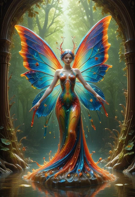 reality-shot, realism, realistic photography of a very detailed fairy, see through wings made out of colorful liquid Murano Art Glass, awesome appearance, magical landscape with enchanted elements, fantasy art style, coral theme, intricate details, ultra sharp, exquisite detail, flawless composition, vivid colors, masterpiece, exciting background <lora:Colorful_Murano_Art_Glass_style_-_SDXL:0.85>