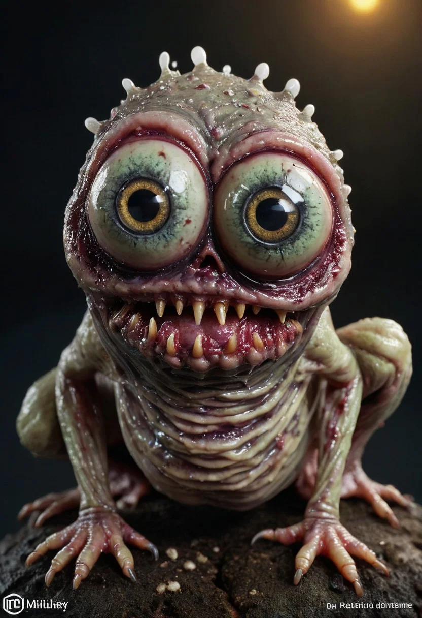 score_9, score_8_up, score_7_up, score_6_up, score_5_up, BREAK, A grotesque zombie that is gooey and slimy but has very cute eyes.realistic with an infestation of small slug creatures. cute eyes with eyelashes and ring lighting.