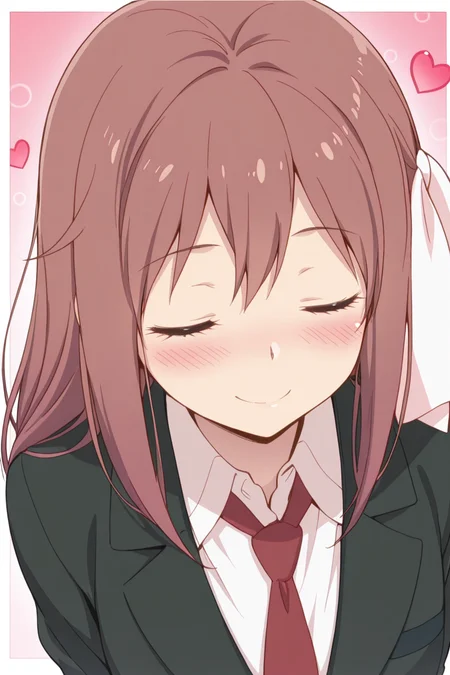 masterpiece, best quality, amazing quality,
<lora:Haruka_IL:1> haruka, 1girl, solo, closed eyes, necktie, smile, brown hair, heart, blush, blazer, school uniform, red necktie, ribbon, shirt, hair ribbon, upper body