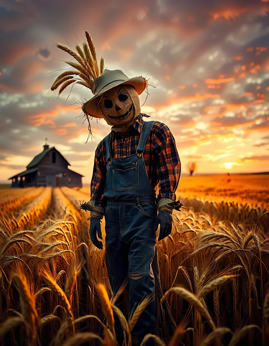 A solitary scarecrow standing in the middle of a vast golden wheat field at dusk,wh34t f13ld at dusk, dressed in rustic, worn-out farmer's clothing. The scarecrow is wearing a tattered plaid shirt, faded overalls, and a wide-brimmed straw hat that is slightly tilted. Its head is made of a burlap sack, with simple, stitched features forming an eerie yet friendly smile. The arms are outstretched, with old gloves tied to the ends of wooden poles, and straw spilling out from the sleeves and pant legs. The golden wheat stalks surround it, gently swaying in the breeze, while the warm light of the setting sun creates a serene atmosphere. The sky is painted in vivid hues of orange, pink, and purple, with long shadows stretching across the field. In the distant background, a small wooden barn and a line of dark silhouettes of trees complete the rural, tranquil scene. The overall mood is a blend of calmness and subtle mystery, evoking the charm of countryside life at twilight.
<lora:SDXLFaeTastic2400:0.4> <lora:extremely_detailed:0.4> extremely detailed, <lora:wh34t_f13ld_at_dusk:1>, Masterpiece,best quality,hi res,8k,hi res,8k,award winning,(sharp focus, intricate, highly detailed),