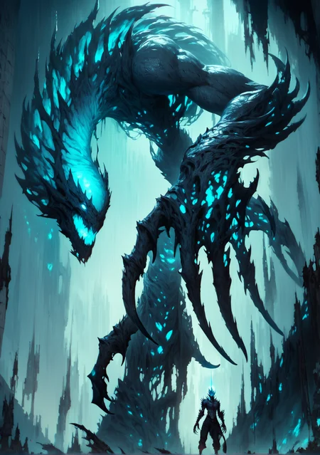 score_9, score_8_up, score_7_up, score_6_up, MyNewFantasy, shadowy, towering creature, body cloaked in swirling darkness, elongated limbs, sharp claws, glowing blue runes etched across its skin, pulsing faintly