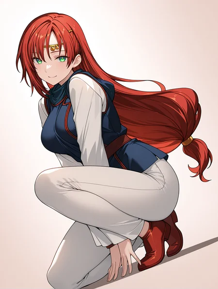 masterpiece,best quality,newest,
1girl,solo,
<lora:elenoa_ilxl_v3.9:1>,elenoa,red hair,very long hair,green eyes,
e_circlet,
e_02clothes,long_sleeves,white sleeves,blue clothes,white pants,red shoes,
<lora:Fixhands_anime_bdsqlsz_V1:1>,standing,white_background,simple_background,looking_at_viewer,smile,squatting,arms between legs,dynamic_angle,cinematic_angle,dutch angle,