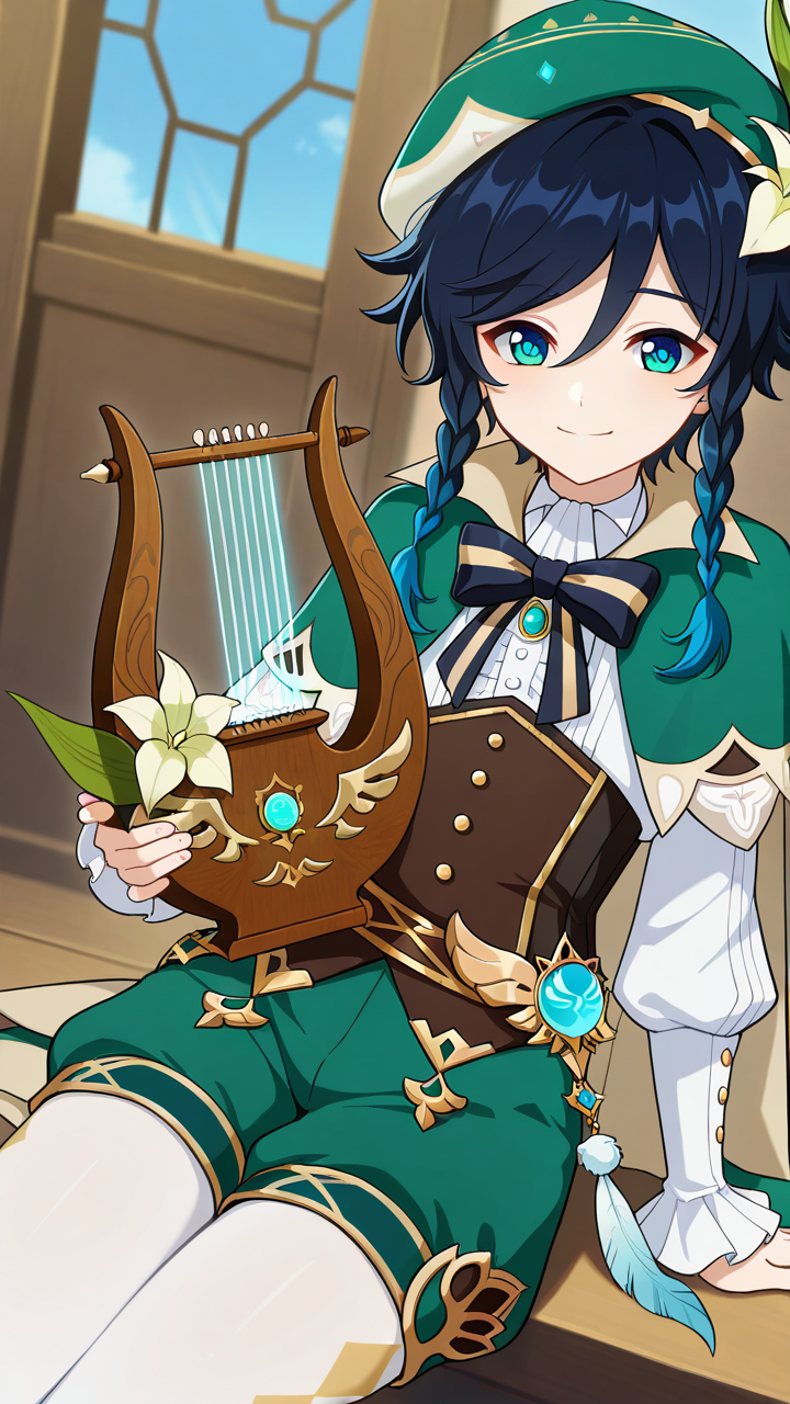 smile, solo,, masterpiece, best quality, amazing quality, very aesthetic, absurdres, newest, anime screencap, <lora:ventiILM:1>, venti (genshin impact), short hair with long locks, aqua hair, green eyes, aqua eyes, blue hair, black hair, braid, gradient hair, twin braids, side braids, hair between eyes, androgynous, beret, vest, collared cape, green hat, green cape, cecilia flower (genshin impact), green shorts, hat flower, white flower, hair flower, hair ornament, black bow, bow, bowtie, frilled sleeves, frills, long sleeves, striped bow, white pantyhose, pantyhose under shorts, white shirt, bard, lyre,