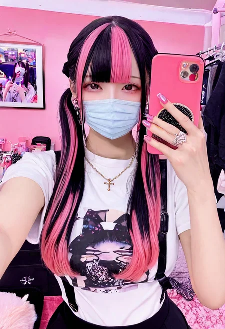 jirai kei, jiraikei face, a woman, phone, mouth mask, mask, solo, jewelry, black hair, selfie, earrings, multicolored hair, ring, necklace, pink hair, bangs, holding, long hair, shirt, cross, blunt bangs, twintails, nail polish, eyes, indoors,bedroom,
realistic,photorealistic,masterpiece,best quality,newest,highres,absurdres,photo,real life, real life insert, real world location, photo background
<lora:jirai kei-IL-V1:0.8>, <lora:il_brightness_slider_d1:-2>
