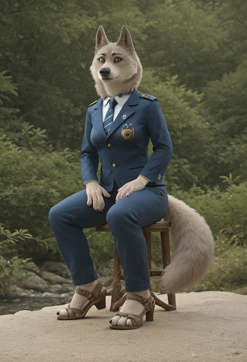 core_9, score_8_up, score_7_up, score_6_up, score_5_up, score_4_up, detailed fur, detailed face, Valeria, she-wolf, forest wolf, green eyes, woman, brown fur, Valeria, tall she-wolf, humanoid wolf, loner, dressed in Russian police uniform blazer,Major's shoulder straps, long pants, sand-colored heeled sandals high heels, claws on paws, 1 girl, sitting in the office,