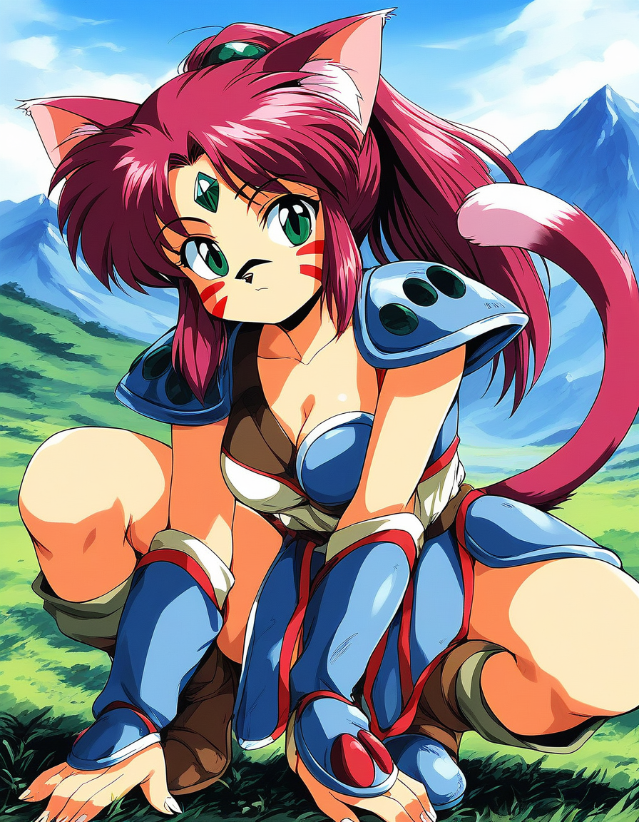 score_9, score_8_up, score_7_up, source_anime, rating_explicit, BREAK  <lora:Ryuquir_XL:1> Ryuquir, animal ears, tail, cat ears, facial mark, cat tail, green eyes, ponytail, red hair, long hair, pink hair, cat girl, breasts, forehead jewel, green jewel,
mountain, sky,
 shoulder armor, solo, weapon, retro artstyle, armor, pauldrons, furry female, knife, furry, brown hair, grass, dagger, boots, looking at viewer, outdoors, fingernails, squatting, 1990s (style), shoulder pads, purple hair