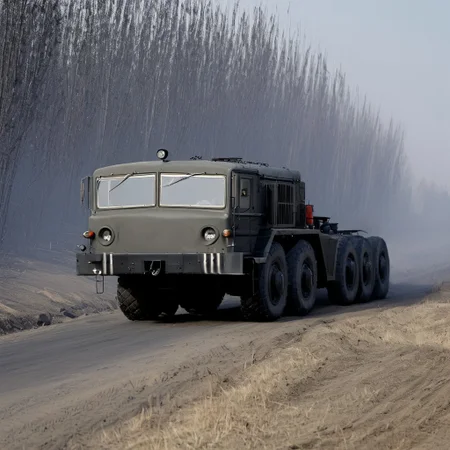 MAZ-537 Drives through the black bush, without raising a cloud of black dust, a large body behind the cabin.
side view