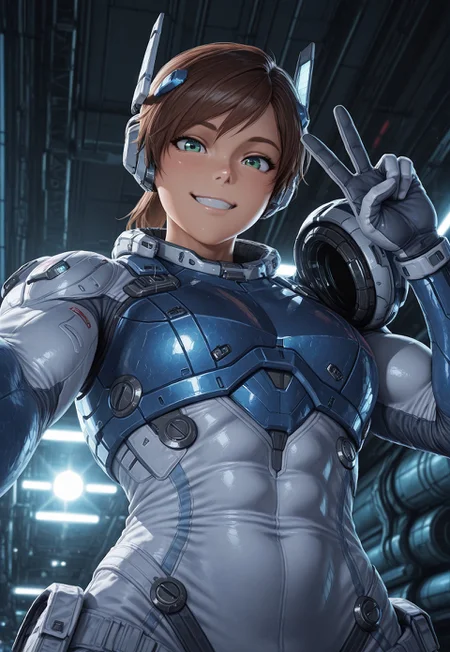 masterpiece, best quality, amazing quality, Smooth Quality, hard lighting, close up, upper body, from front,
detailed Background,
1girl, StrenuaRyder, solo, adult, muscular, wearing white jumpsuit, selfie, outdoor, sci-fi, V smiling, from below, kawaii, headgear removed, white and blue armor, details, brown hairs, green eyes, toned body