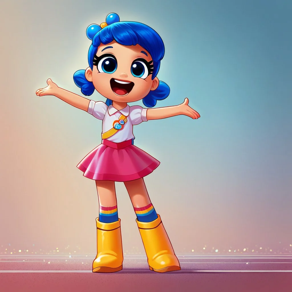 score_8, score_9, solo, true, blue hair, twintails, hair ornament, blue eyes, skirt, boots, open mouth, happy