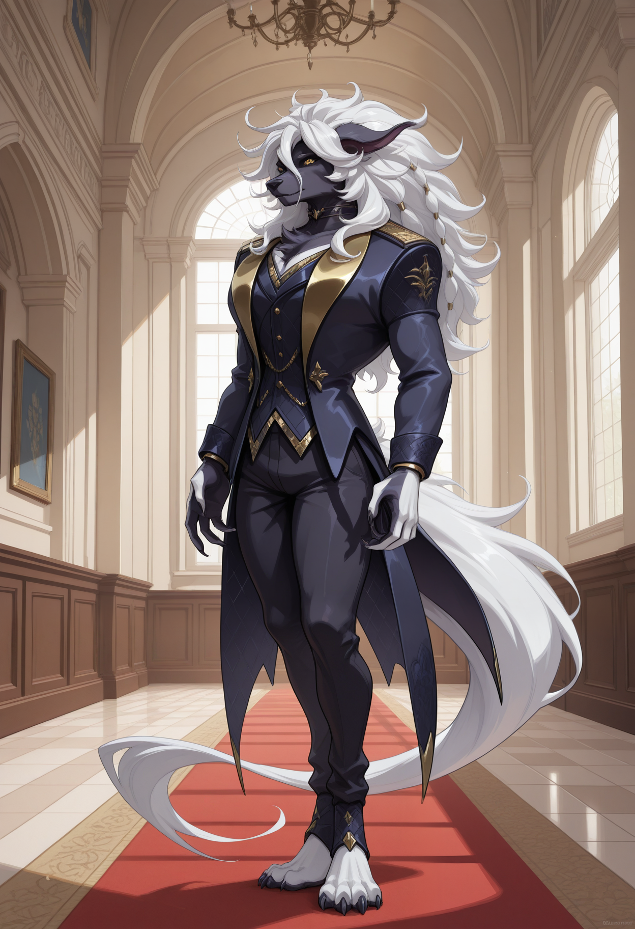masterpiece,best quality,amazing quality, 1boy, solo, w00dw0s3, furry, yellow eyes, coat, vest, pants, black choker, gold hair tube, tail, full body, mansion,