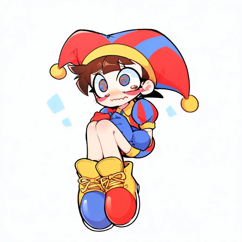 score_9, score_8_up, score_7_up, BREAK pomni, colored skin, blush stickers, wavy mouth, scared, jester cap, striped clothes, puffy short sleeves, arms outstretched, mismatched gloves, puffy shorts, powerpuff, airborne, floating, is falling down, (((fetal position))), hugging own legs, knees up, head tilt, blank background,
