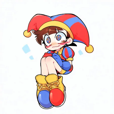 score_9, score_8_up, score_7_up, BREAK pomni, colored skin, blush stickers, wavy mouth, scared, jester cap, striped clothes, puffy short sleeves, arms outstretched, mismatched gloves, puffy shorts, powerpuff, airborne, floating, is falling down, (((fetal position))), hugging own legs, knees up, head tilt, blank background,