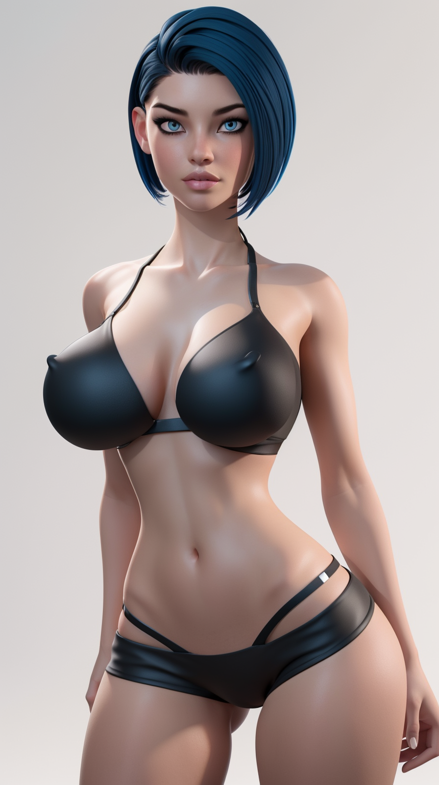 <lora:M1r0-V1:0.8>  1girl. ((black bikini)), ((blue and black short hair)), perfect hands, big breast, wide hips, thick thighs,  looking at viewer, ultra realistic digital art, a 3D render, photorealism, clean scene, white background, white wall, shinny floor, white floor