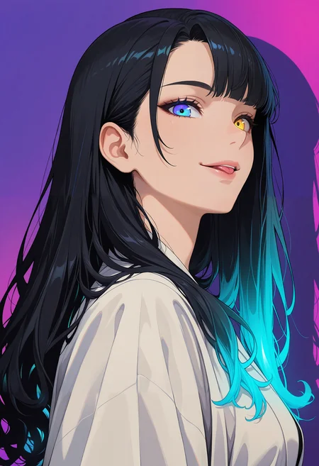 masterpiece, best quality, good quality, very aesthetic, absurdres, newest, 8K, depth of field, focused subject,  low angle, from below, portrait,
close up, 1girl, solo, robe, glowing hair, side bangs, asymmetrical bangs, long hair, black hair tips, looking at the viewer, heterochromia eyes, neon color palette, holding and licking a neon dark rune sword, smile, upper body, dynamic lighting, shadows, silhouette, dynamic angle, from side,