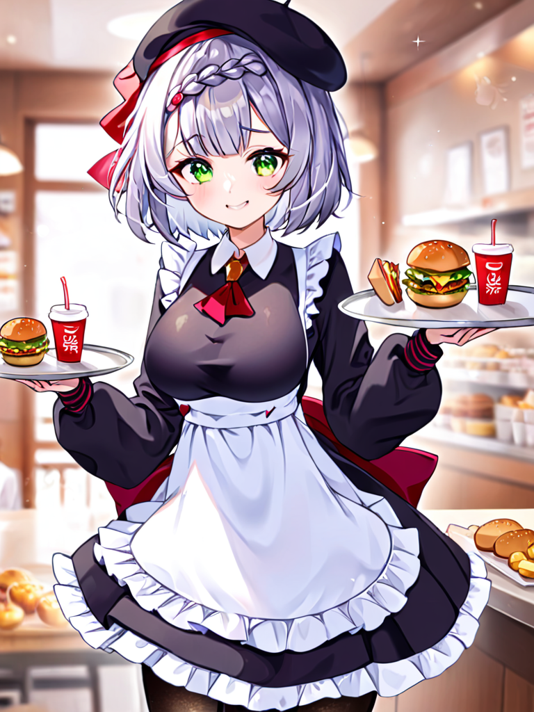 <lora:nuoaierx_xl:0.8>,(\nuo ai er\),1girl,noelle \(genshin impact\),solo,green eyes,official alternate costume,breasts,burger,hat,braid,apron,smile,grey hair,looking at viewer,long sleeves,food,employee uniform,holding,black headwear,beret,bangs,dress,ascot,red ascot,:d,black dress,uniform,tray,puffy sleeves,waist apron,cup,braided bangs,disposable cup,white apron,pantyhose,blurry,short hair,frills,sparkle,indoors,