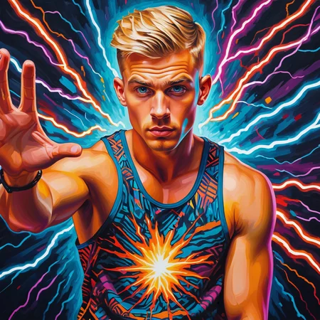 oil painting, a hot fuckboy with a dirty blonde crew cut in a patterned tank top shooting electricity from his hands, looking at the camera with an intense gaze, vivid colors, high saturation