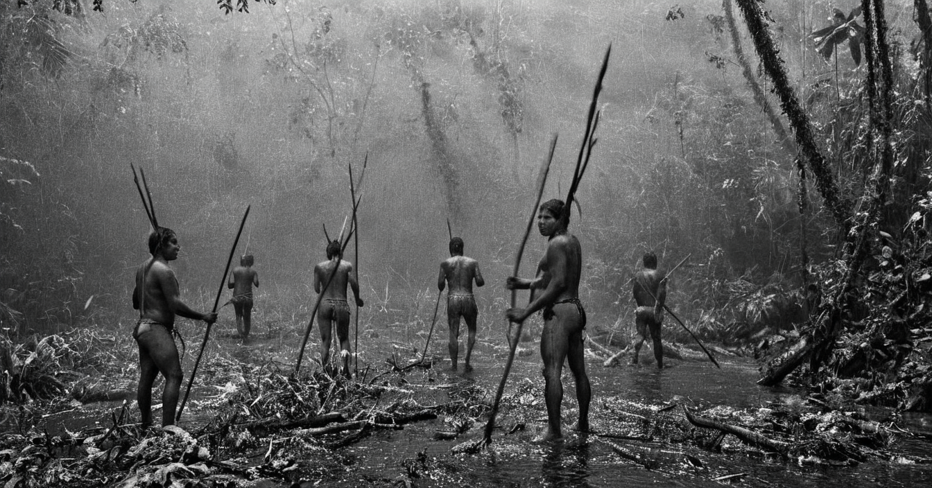 black and white photograph of few indigenous people hunting with spears and sticks in the amazonian rain forest, insane details, dramatic lights, high definition, 35mm camera, film photography style, heavy grain, ral-chrosc-bw, masterpiece, national geographic style, strong vignette, high contrast