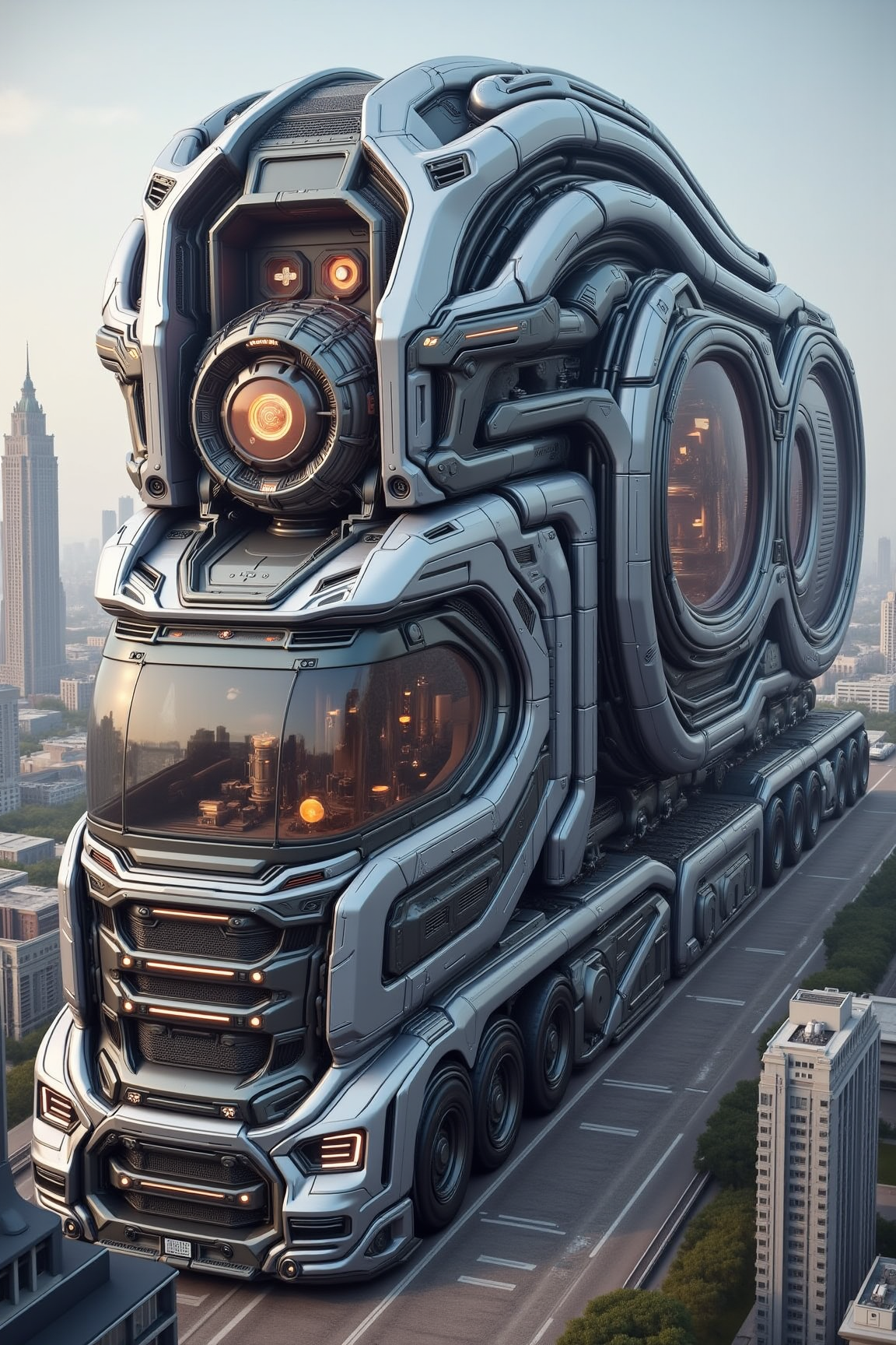 YFG-R1gs, A reality-bending transport truck, its cargo bay capable of creating and manipulating matter, delivers custom-made objects to a futuristic city. The truck's AI analyzes the customer's specifications and generates the desired object from raw materials. Its crew monitors the fabrication process, ensuring the quality and accuracy of the creations. The surrounding city is a showcase of advanced manufacturing and design.