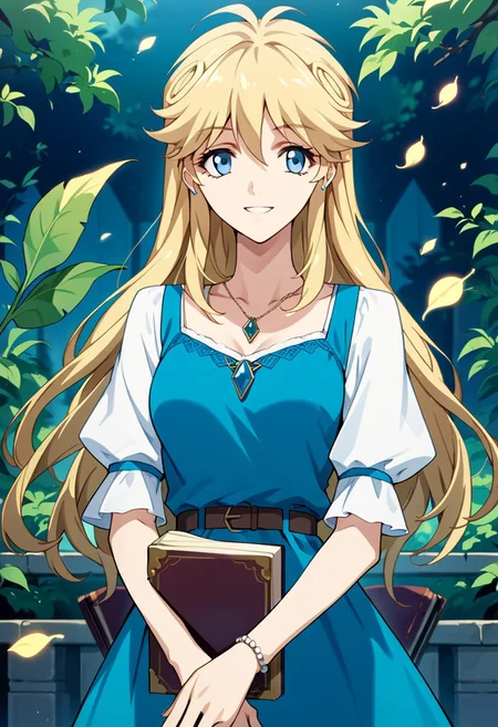 score_9_up, score_8_up, score_7_up, source_anime, LEAO EVERLASTING (2020),
1girl, solo, long hair, smile, blue eyes, blonde hair, dress, jewelry, book, pendant