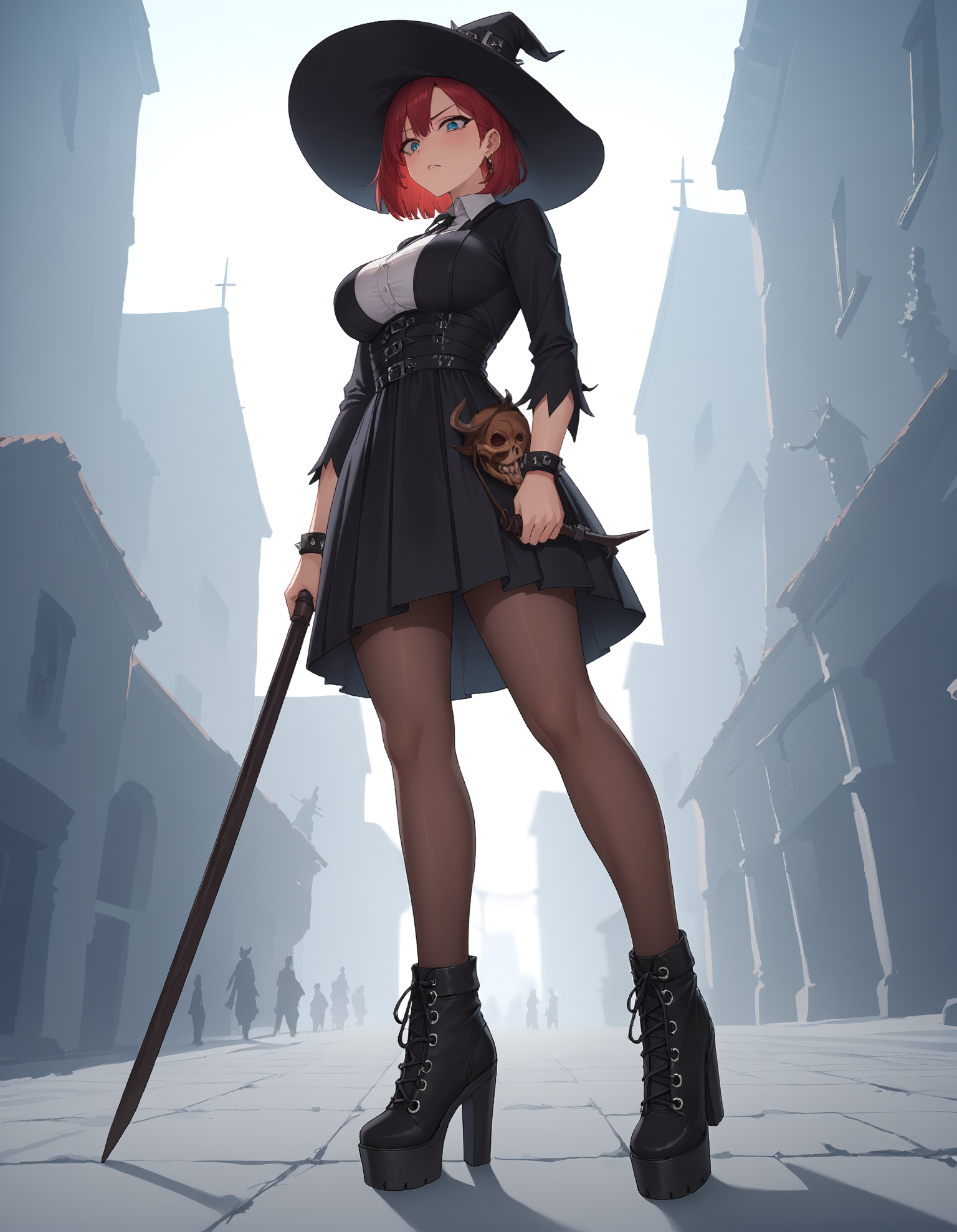 score_9, score_8_up, score_7_up, score_6_up, source_anime,
1girl, goth, 
wide angle, (low angle:1.15), full body,
standing,
witch costume,
battlefield, horror aesthetic,
looking down,
red hair, large breasts,
sh1tk1cker shoes,
embedding:zPDXLrl ,
embedding:zPDXL2 ,