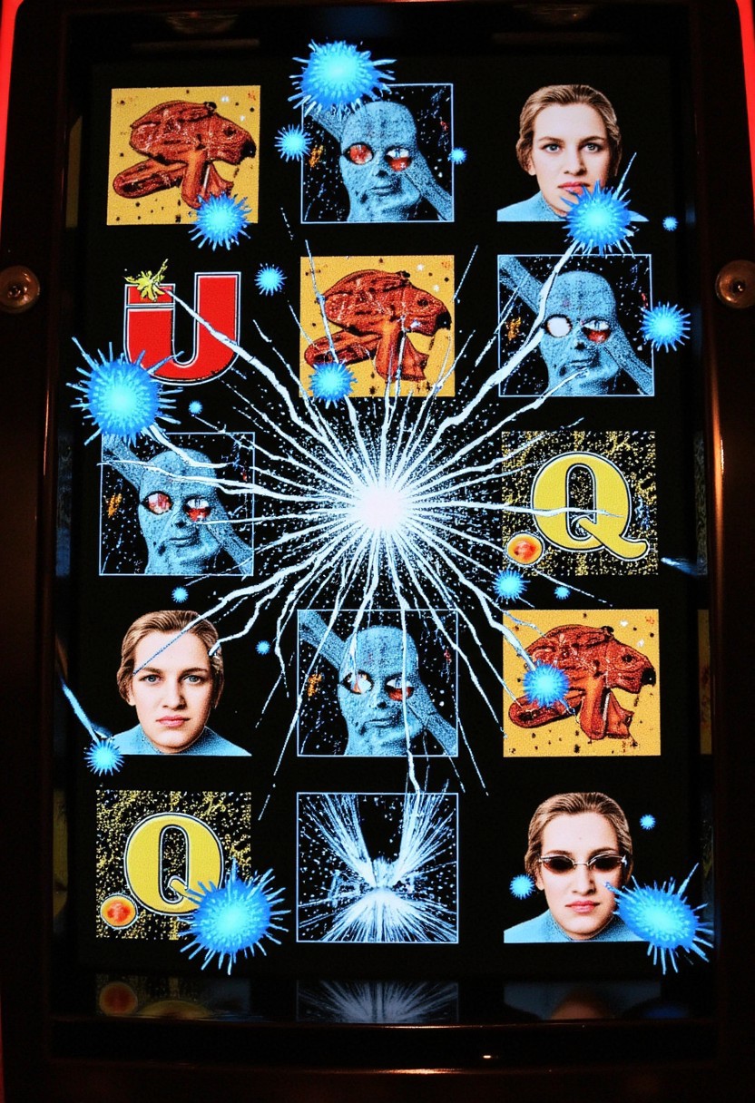 Slot machine graphics from front view . Disturbing scenes of addiction, people injecting drugs heroin, white powder, drinking alcohol smoking cigarettes. very strange surrealist style with holographic vortex featuring swirls of holotropic colour and glowing eyes wet distorted factory shot. On the television sets are glowing hands, with electricity coming off the finger tips. swirling around her head are holograms of  glyphs chaos magick symbols. the room has thick electricity cables and smoke is coming off them. large wet glistening slices of wet soggy ham and hot dogs are floating in the air, dripping gooey sauce combining mustard and blood, there are multiple wet hotdogs floating. on the wall in the background are photos of nuclear explosions