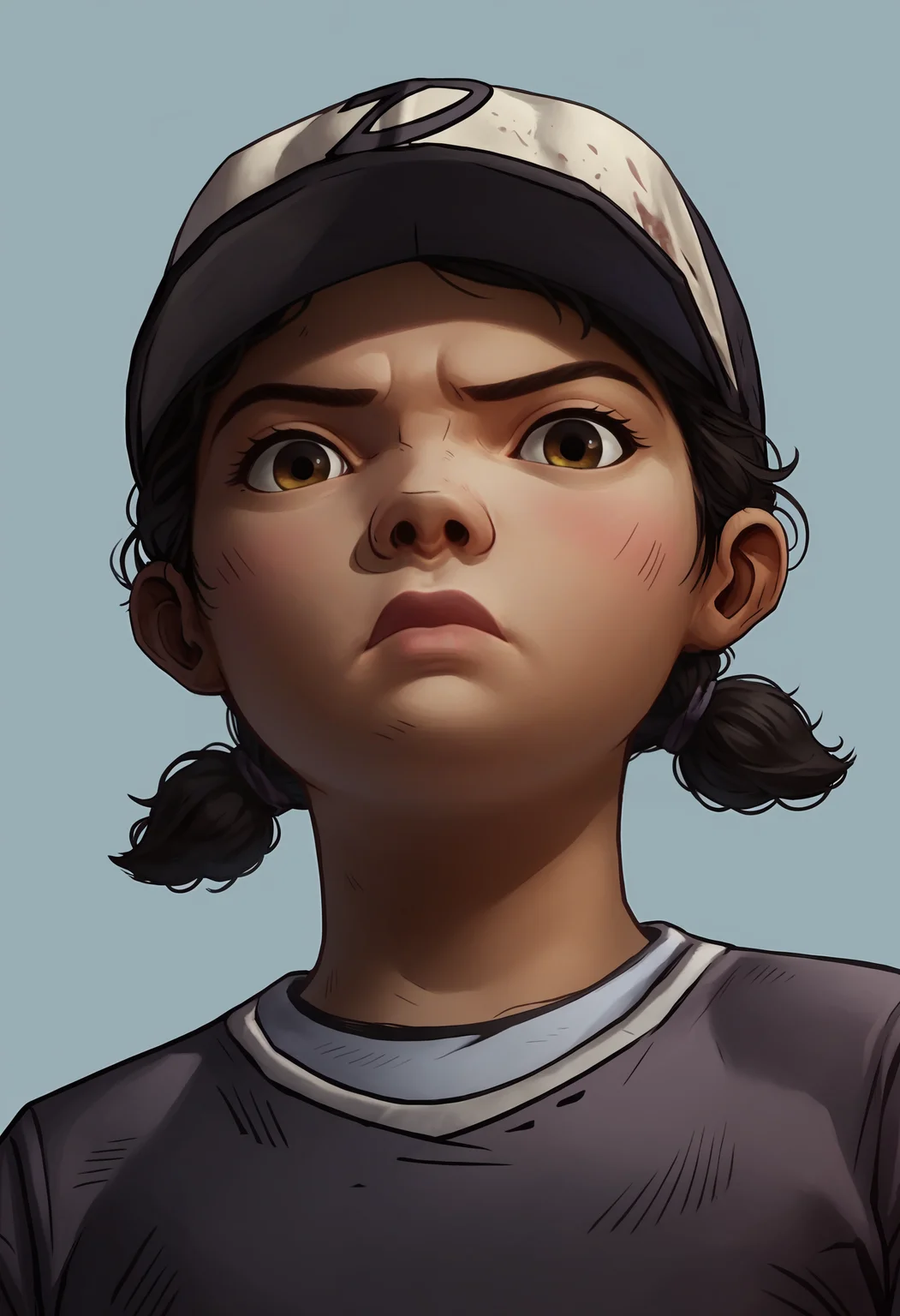score_9, score_8_up, score_7_up, score_6_up, score_5_up, score_4_up, 1girl, <lora:ClementineS2:0.85> black hair, short twintails, brown eyes, dark skin, hat, baseball cap, shirt, layered sleeves, short over long sleeves, long sleeves, pants, upper body, lips, angry, blush, looking at viewer, from below,
(light blue background), simple background,