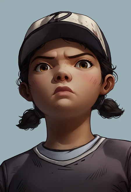 score_9, score_8_up, score_7_up, score_6_up, score_5_up, score_4_up, 1girl, <lora:ClementineS2:0.85> black hair, short twintails, brown eyes, dark skin, hat, baseball cap, shirt, layered sleeves, short over long sleeves, long sleeves, pants, upper body, lips, angry, blush, looking at viewer, from below,
(light blue background), simple background,