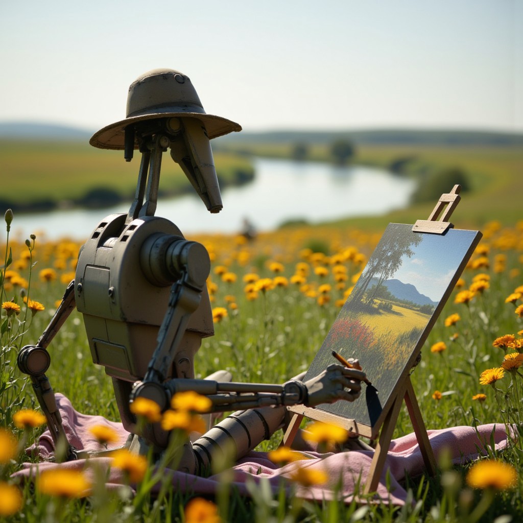 7-B1 battle droid sitting on a beautiful prairie with flowers all around and a river in the middle, it is drawing picture prairie on canvas wearing an artist hat, image taken from back on close distance from his shoulder featuring the view and canvas it is drawing, overall image is calm and peacefull aidmaimageupgrader