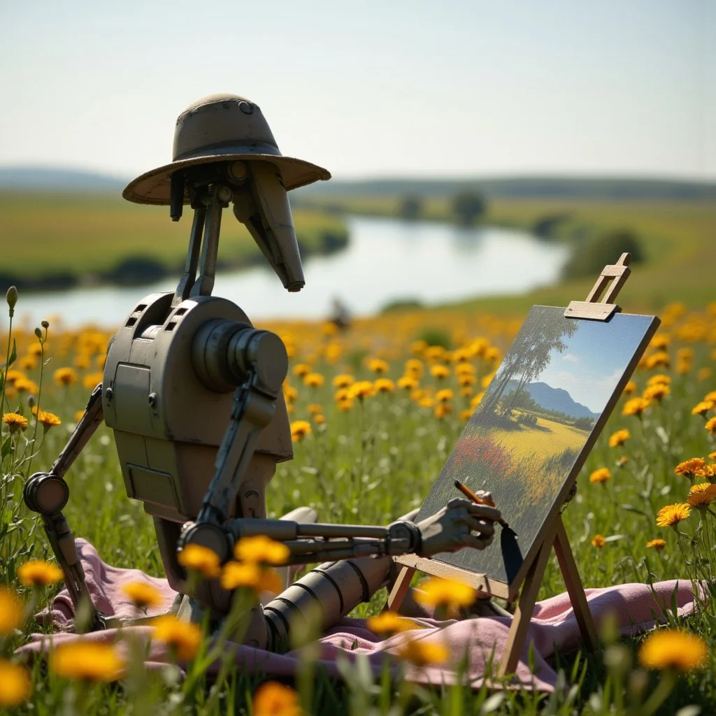 7-B1 battle droid sitting on a beautiful prairie with flowers all around and a river in the middle, it is drawing picture prairie on canvas wearing an artist hat, image taken from back on close distance from his shoulder featuring the view and canvas it is drawing, overall image is calm and peacefull aidmaimageupgrader