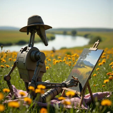7-B1 battle droid sitting on a beautiful prairie with flowers all around and a river in the middle, it is drawing picture prairie on canvas wearing an artist hat, image taken from back on close distance from his shoulder featuring the view and canvas it is drawing, overall image is calm and peacefull aidmaimageupgrader
