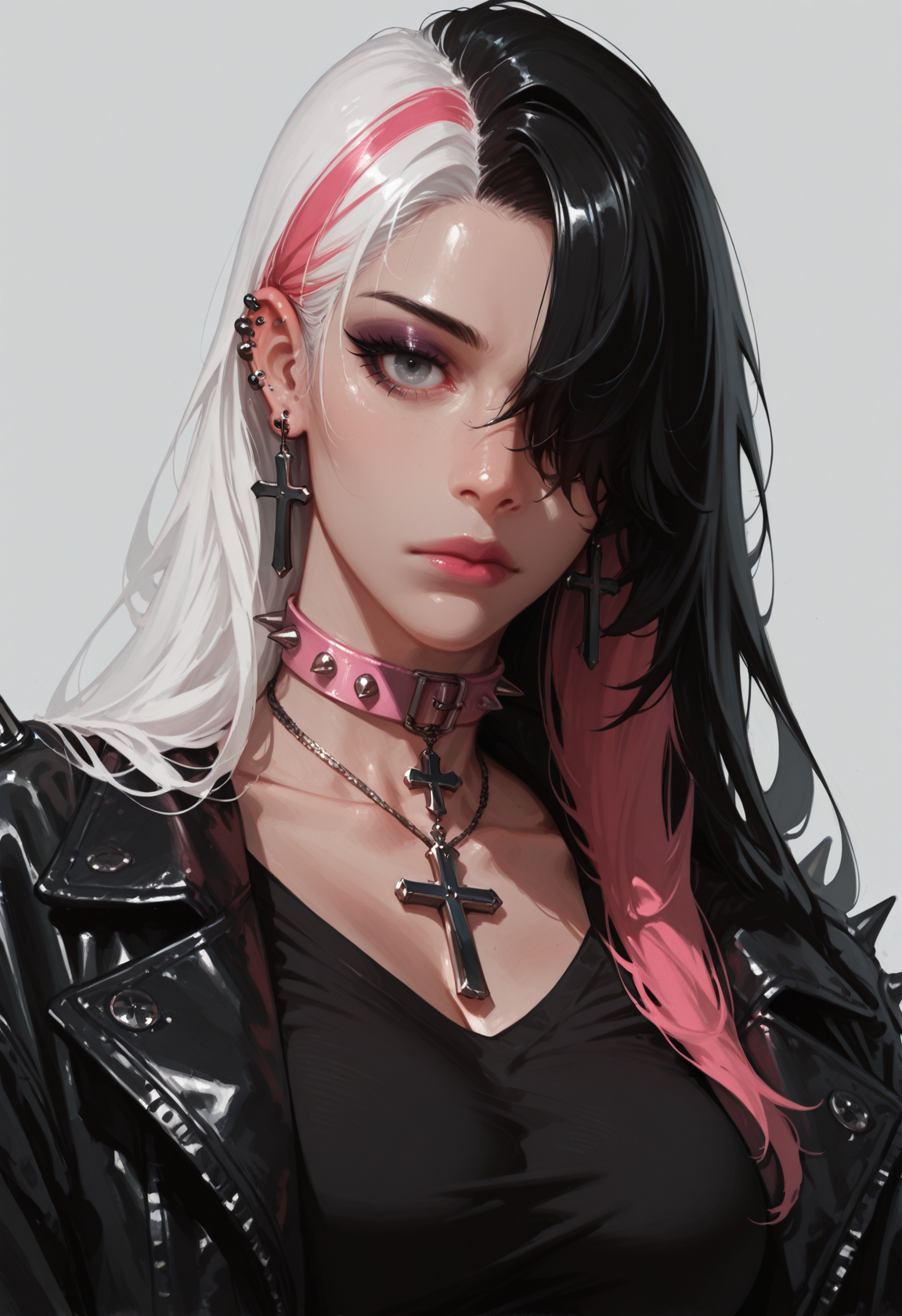 1girl, jewelry, multicolored hair, solo, cross, black hair, earrings, necklace, white hair, hair over one eye, two-tone hair, choker, piercing, looking at viewer, long hair, ear piercing, grey background, simple background, grey eyes, jacket, upper body, cross earrings, black choker, cross necklace, closed mouth, collarbone, collar black jacket, makeup, eyelashes, one eye covered, black eyes, red streaked hair, black shirt, portrait, open jacket, open clothes, goth fashion, shirt, eyeshadow, breasts, latin cross, cross choker, expressionless, spiked choker, lipstick, pink black collar, split-color hair, pendant, , nose, parted hair, spikes,, <lora:Detailer_NoobAI_Incrs_v1:0.75>, masterwork, masterpiece, best quality, dynamic lighting , dynamic pose,,  dynamic angle, , , (realistic:1.2), (lineless:1.2), detailed,  , aged up, adult, depth of field, dynamic lighting, blurry, cheekbones, <lora:zy_illustrious_Realism_Enhancer_v1:0.5>
