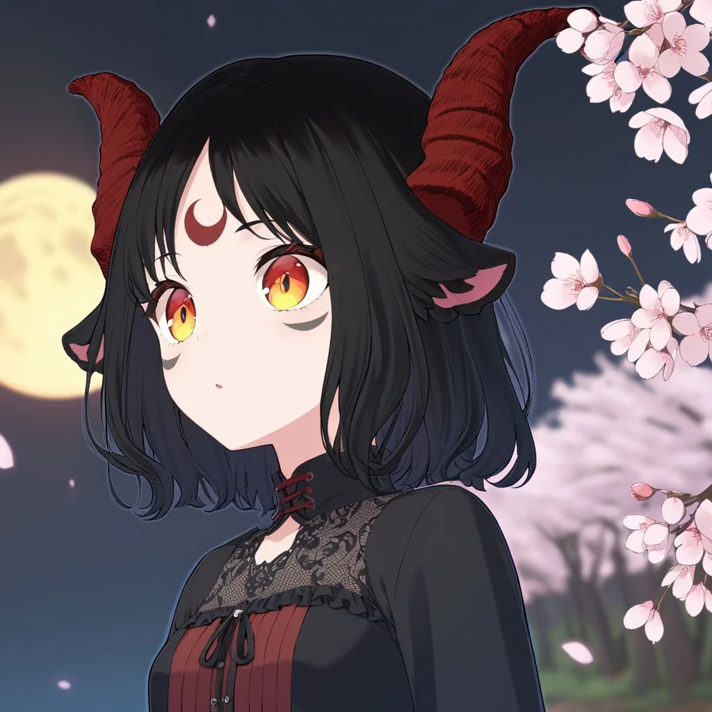 Aluki, 1 girl, solo, moon mark on forehead, only jet black hair, orange eyes, black goat ears only, red goat horns, medium hair, orange eyes, blue eyeliner, no human ears, intricate details, marks bellow eyes, frills, gothic, arms behind back, outdoors, cherry blossoms, depth of field