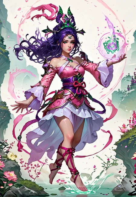 ((zPDXL3)), ((masterpiece,best quality, highly detailed)), ((score_9)), score_8_up, score_7_up, score_6_up, score_5_up, score_4_up, Digital painting style, brushstrokes, ((EnhanceImage)), solo, 1girl, JannaSSPXL, green eyes, purple hair, long hair, hair ornament, forehead, medium breasts, bare shoulders, pink dress, detached sleeves, long sleeves, purple sash, pink ribbon, white skirt, leg ribbon, barefoot,
Expressiveh, 30yo, adult lustful confident woman, petite, slender body, perky saggy natural breasts, full lips, bangs, sidelocks, straps,
chinese magical sorceress, animated, swirling magic, wisps of magic, dancing pose, tight squeezed outfit, magical accessories, evoking motion, conveying motion, dynamic splash art,
<lora:PainterlyFantasiaPDXL:0.6>,