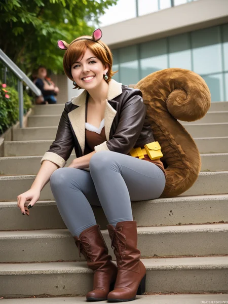 <lora:SQ-girl-Cosplay:1>squirrel tail, 1girl, squirrel ears, breasts, cosplay, cleavage, sitting, jacket, boots, tail, squirrel girl, pants, smile, realistic, denim, short hair, jewelry, brown hair, fur trim, belt, stairs, solo, jeans, earrings, blurry, brown footwear, blurry background, medium breasts, grin, outdoors, black nails, photo background, black jacket, day, sitting on stairs, teeth, shirt, looking at viewer, hairband, leather, fur-trimmed jacket, pantyhose, squirrel ears, open jacketâââ