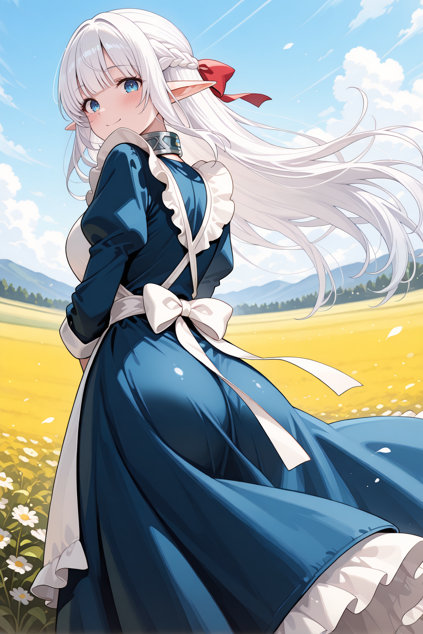 masterpiece, best quality, very aesthetic, absurdres, ultra-detailed, highly detailed, cowboy shot, shiny skin,  wind,  from below, blush, from behind, looking back, (long dress:1.2)
meadow,  wind, outdoors, smile, looking at viewer, standing, outdoors,
<lora:Nephelia-08:1> nephelia, 1girl, long hair, white hair, braid, pointy ears, french braid, elf, blue eyes, ribbon, apron, sidelocks, dress, bow, hair ribbon, maid, hair bow, frills, blunt bangs, blue dress, white apron, collar, red bow, metal collar,
 <lora:illustrious_noobai_epsilon_pred_11_very_aesthetic_v1_1029791:1> 
 (lazypos:0.7)