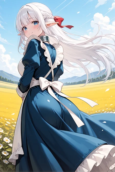 masterpiece, best quality, very aesthetic, absurdres, ultra-detailed, highly detailed, cowboy shot, shiny skin, wind, from below, blush, from behind, looking back, (long dress:1.2)
meadow, wind, outdoors, smile, looking at viewer, standing, outdoors,
<lora:Nephelia-08:1> nephelia, 1girl, long hair, white hair, braid, pointy ears, french braid, elf, blue eyes, ribbon, apron, sidelocks, dress, bow, hair ribbon, maid, hair bow, frills, blunt bangs, blue dress, white apron, collar, red bow, metal collar,
<lora:illustrious_noobai_epsilon_pred_11_very_aesthetic_v1_1029791:1>
(lazypos:0.7)