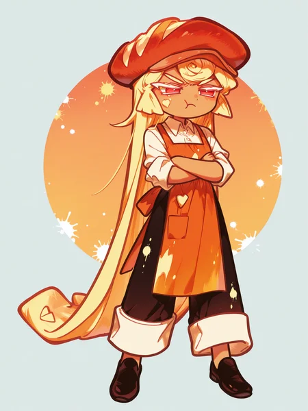<lora:CR_BPC:1> CR_BPC, 1girl, very long hair, bread cabbie hat, collared shirt, sleeves rolled up, black pants, orange apron, food on face, <lora:cfg_scale_boost:0.5> [lazypos], <lora:spo_sdxl_10ep_4k-data_lora_webui:0.4> <lora:retrocute:1>, dynamic pose, white eyelashes, <lora:omoyunakyu715-_style_Illustrious:0.6> omoyu_nakyu715, paint splatter, gradient background, simple background, watercolor background, chibi, cookie run, full body, black footwear, pants rolled up, crossed arms, annoyed,